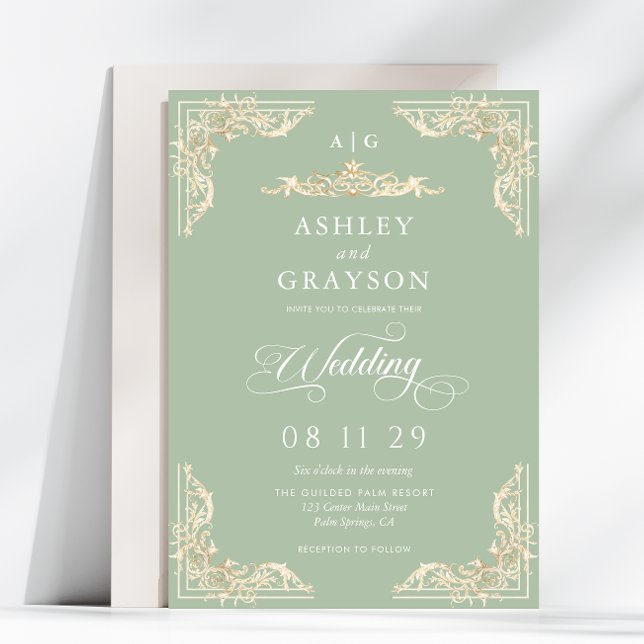 Invitation Mariage Vintage Baroque Vert Sauge (Créateur téléchargé)