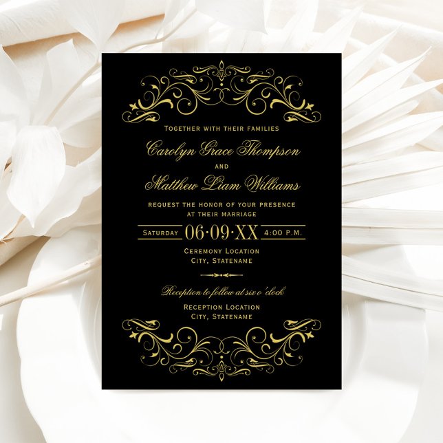 Invitation Mariage vintage Black et Gold Flourourd (Créateur téléchargé)
