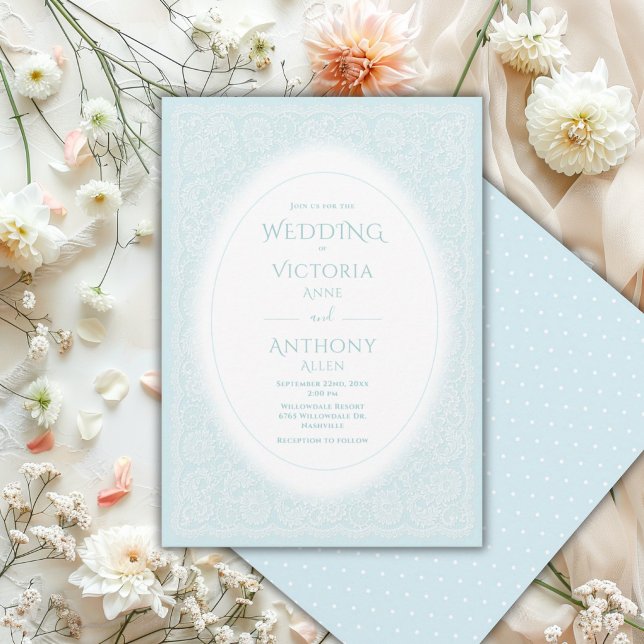 Invitation Mariage Vintage Blanc Dentelle Bleue (Créateur téléchargé)