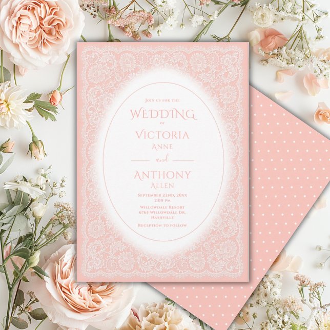 Invitation Mariage Vintage Blanc Dentelle Pêche (Créateur téléchargé)