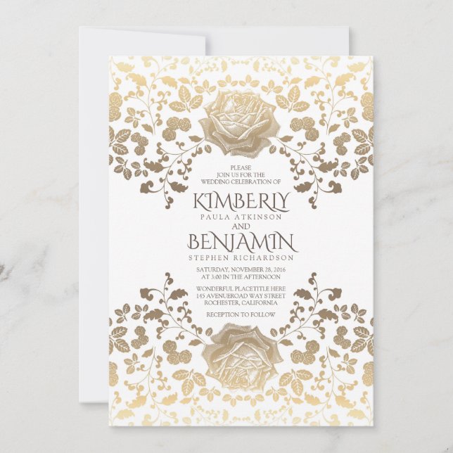 Invitation Mariage Vintage blanc et doré (Devant)