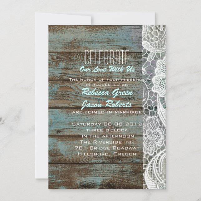 Invitation mariage vintage bleu barnes bois dentelle campagne (Devant)