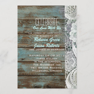 Invitation mariage vintage bleu campagne avec bois de grange 