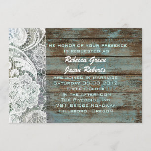 Invitation mariage vintage bleu campagne bois de grange dente