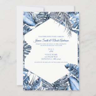 Invitation Mariage Vintage Bleu et Blanc Feuilles de Palmiers