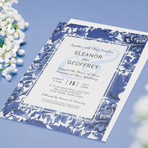 Invitation Mariage Vintage Bleu et Blanc Floral Chintz