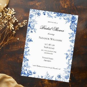 Invitation Mariage Vintage Bleu Floral Toile