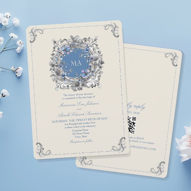Invitation Mariage Vintage Bleu Poussiéreux (Créateur téléchargé)