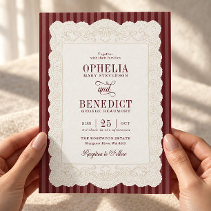 Invitation Mariage vintage bordeaux rayure dentelle argent an