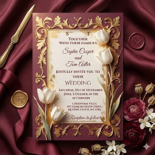 Invitation Mariage Vintage Bourgogne Or Baroque Floral Ivoire