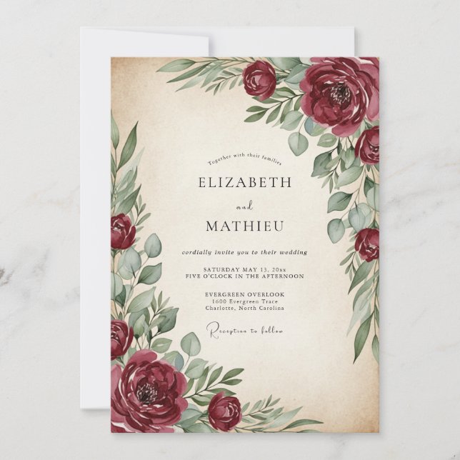 Invitation Mariage Vintage Burgundy à l'Aquarelle (Devant)