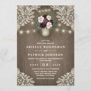 Invitation Mariage Vintage Burgundy Blush Pink Gold Mason Jar