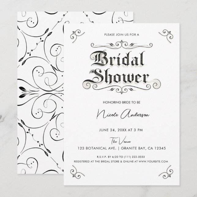 Invitation Mariage Vintage Calligraphie Noir & Blanc (Devant / Derrière)