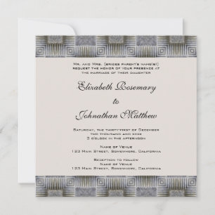 Invitation Mariage Vintage, Carrés et Rayures Grises Rétro