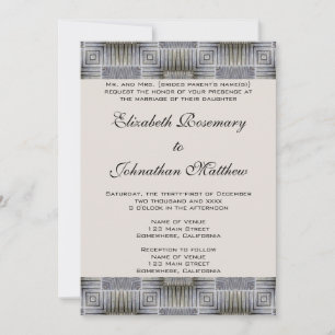 Invitation Mariage Vintage, Carrés et Rayures Grises Rétro