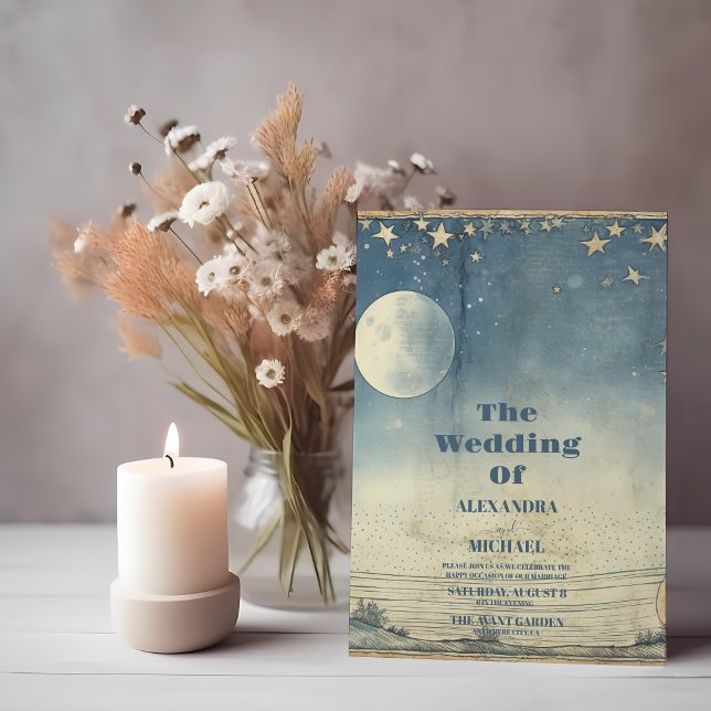 Invitation Mariage Vintage Céleste Bleu Minuit Étoiles (Créateur téléchargé)