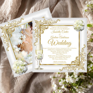 Invitation Mariage Vintage Champagne Gold Pearl Photo