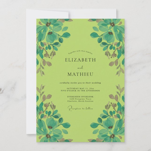 Invitation Mariage Vintage Chartreuse Feuille Aqua (Devant)