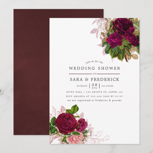 Invitation Mariage Vintage Chic Rose et Bourgogne (Devant / Derrière)