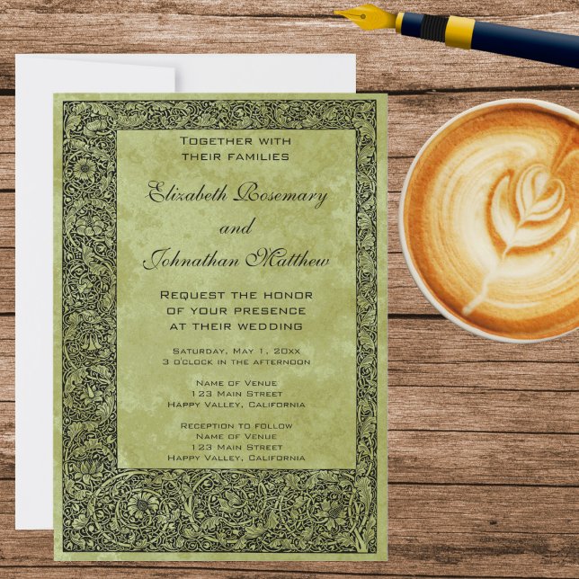 Invitation Mariage Vintage, Couronne de fleurs victorienne (Victorian Style Floral Scroll Decorative Border with a green background Wedding Invitation)