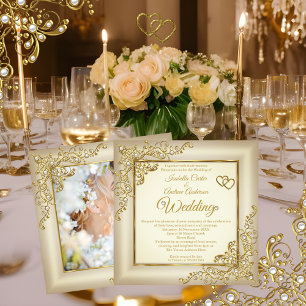 Invitation Mariage Vintage Crème Beige Or Cœur Perle Photo