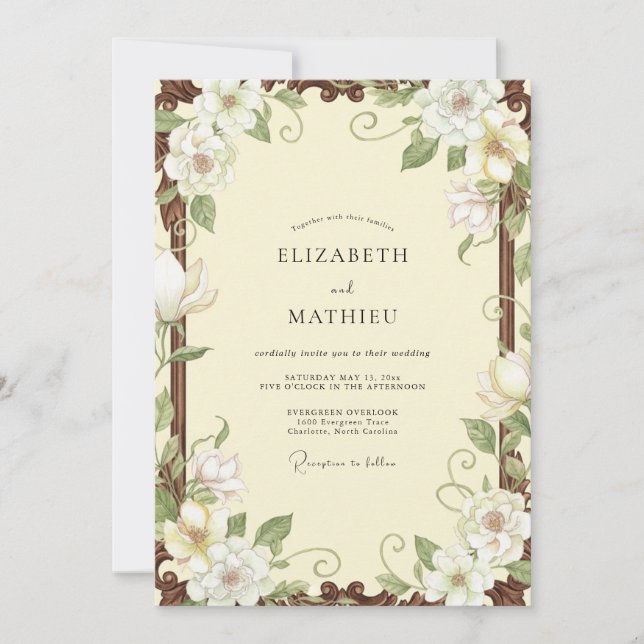 Invitation Mariage Vintage Crème Magnolia (Devant)