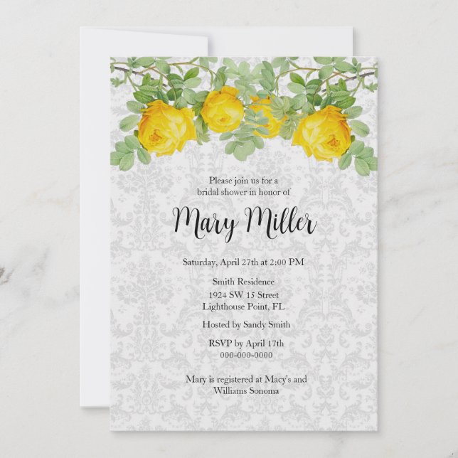 Invitation Mariage Vintage Damask avec Roses Jaunes  (Devant)
