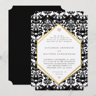Invitation Mariage Vintage Damask Blaack & Gold LoveBird