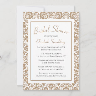 Invitation Mariage Vintage Damassé Fleur de Mariée Brun Brode