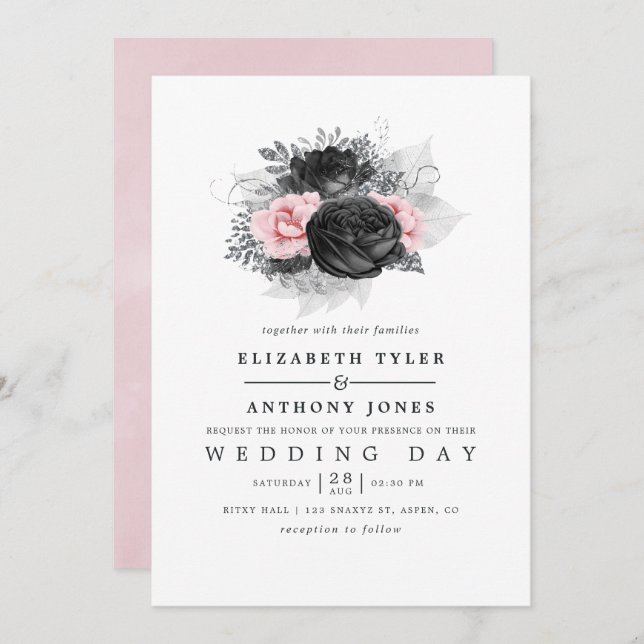 Invitation Mariage Vintage de Black Pink et Silver (Devant / Derrière)
