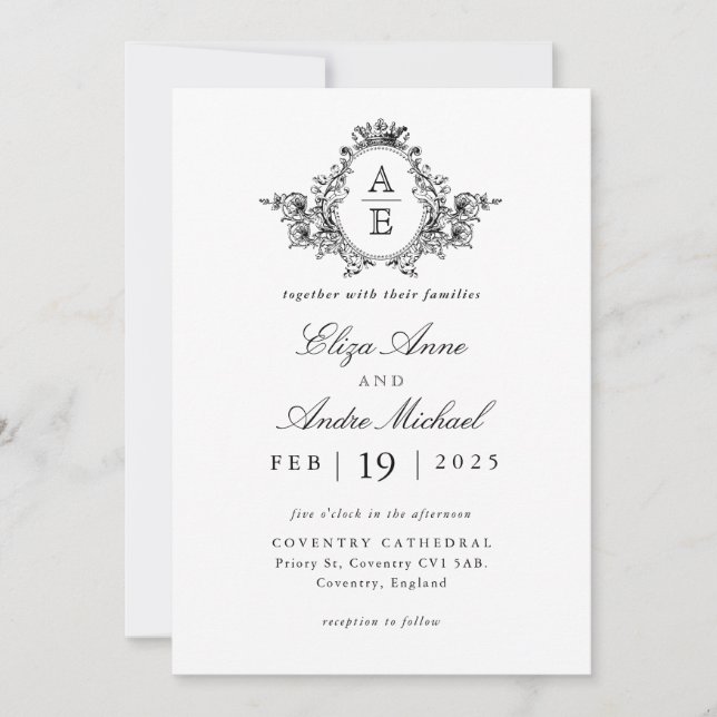 Invitation Mariage vintage de monogramme noir et blanc (Devant)