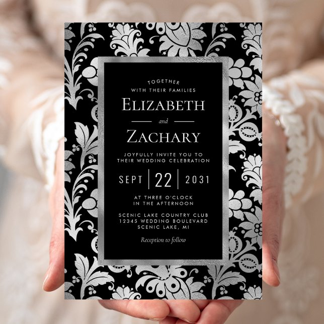 Invitation Mariage Vintage de motif floral argenté (Créateur téléchargé)