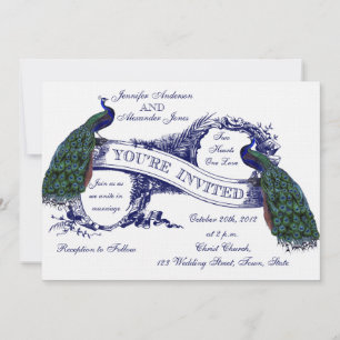 Invitation Mariage vintage de paons de bleu marine