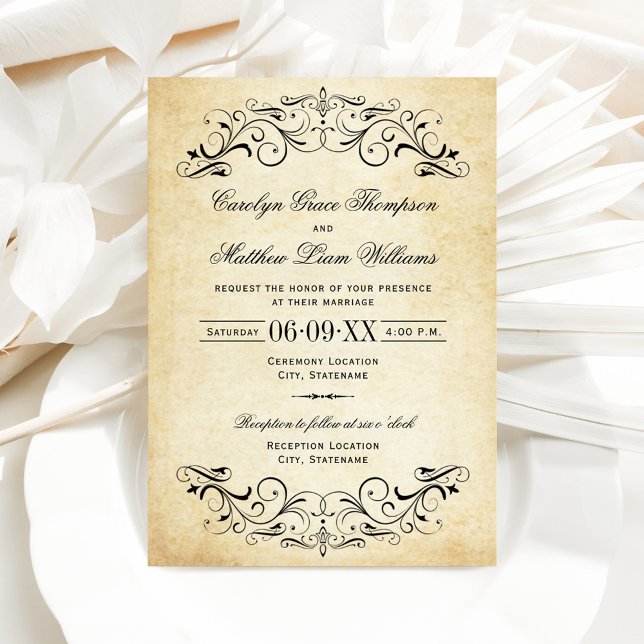 Invitation Mariage Vintage de parchemin rustique noir (Créateur téléchargé)
