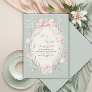 Invitation Mariage Vintage de Sauge Verte avec un Nœud Rose