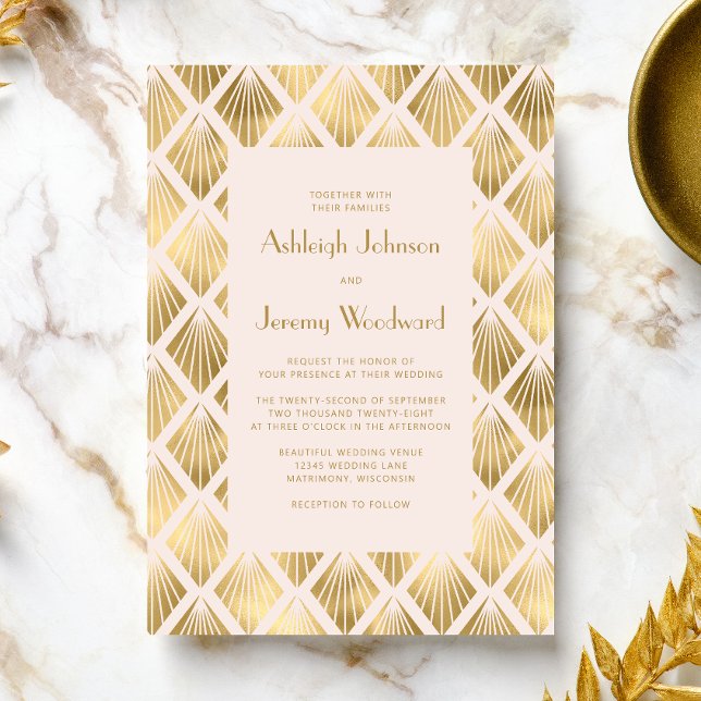 Invitation Mariage Vintage Deco Éventails Rose Doré Années 19 (The perfect choice for a 1920s themed wedding with a blush and gold color palette.)