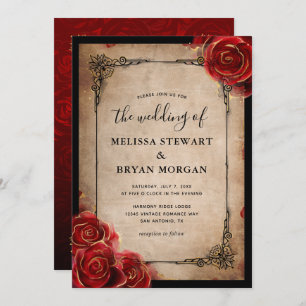 Invitation Mariage Vintage élégant de Rustic Red Rose Gold Bl