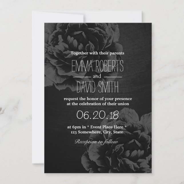 Invitation Mariage Vintage Élégant Fleuris Noir (Devant)