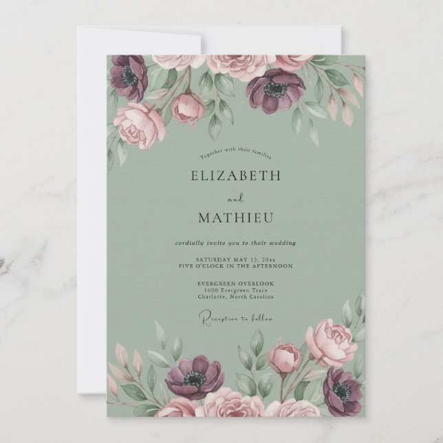 Invitation Mariage Vintage Élégant Vert Sauge (Devant)