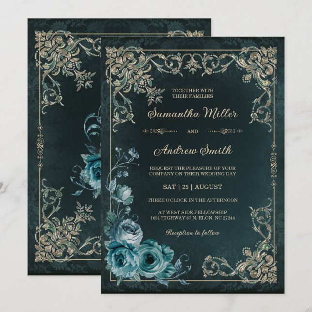 Invitation Mariage Vintage Émeraude et Or (Devant / Derrière)