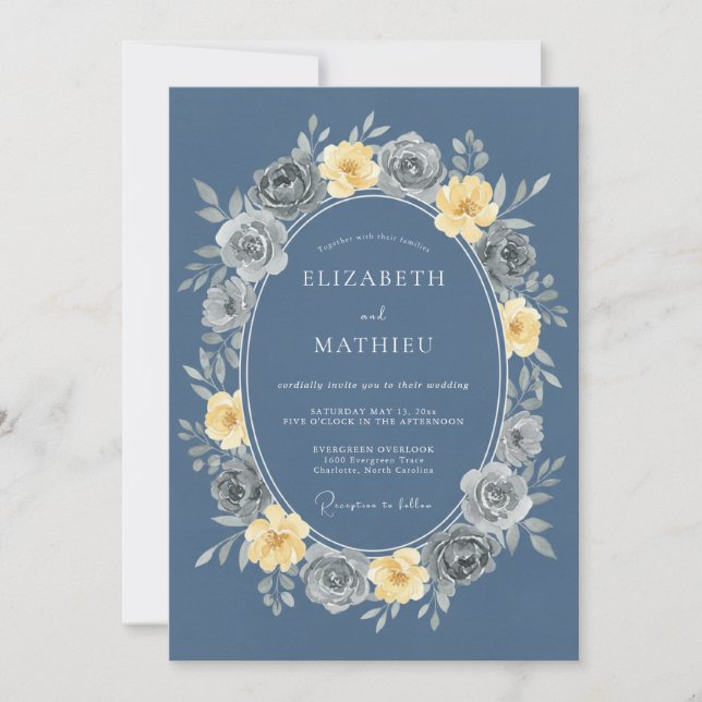 Invitation Mariage Vintage Époustouflant Bleu Acier (Devant)