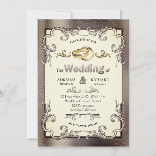 Invitation Mariage Vintage Feuille D'or Argent Laiton (Devant)
