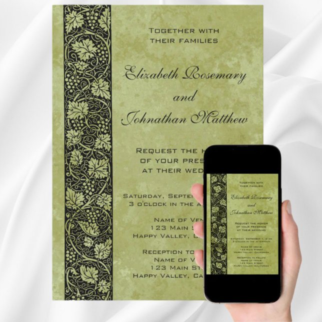 Invitation Mariage Vintage, Feuilles de Vigne Victoriennes (Vintage Wedding, Victorian Grape Vine Leaves Easy to Customize and Download Wedding Invitation)