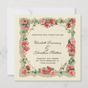 Invitation Mariage Vintage, Fleur Florale Bordure Roses Rose