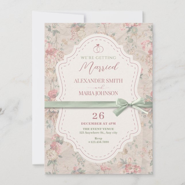 Invitation Mariage vintage fleuri féminin classique (Devant)