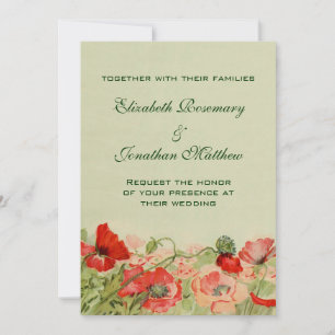 Invitation Mariage vintage, Fleurs de pavot rouge prairie flo