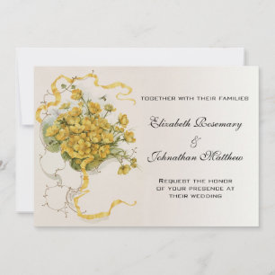 Invitation Mariage vintage, Fleurs et abeilles en beige jaune