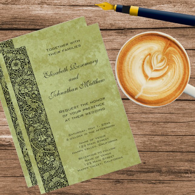 Invitation Mariage Vintage, Fleurs Victoriennes à Motif de Ri (Victorian Style Floral Scroll Decorative Border with a green background Wedding Invitation)
