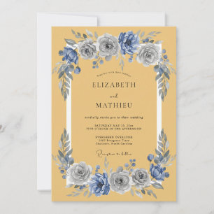Invitation Mariage Vintage Floral Bleu Ardoise Moutarde
