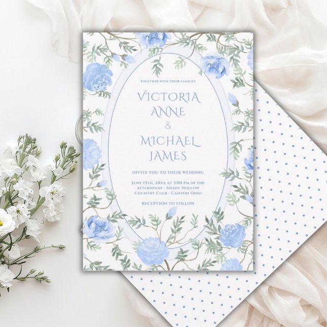 Invitation Mariage Vintage Floral Bleu et Blanc (Créateur téléchargé)